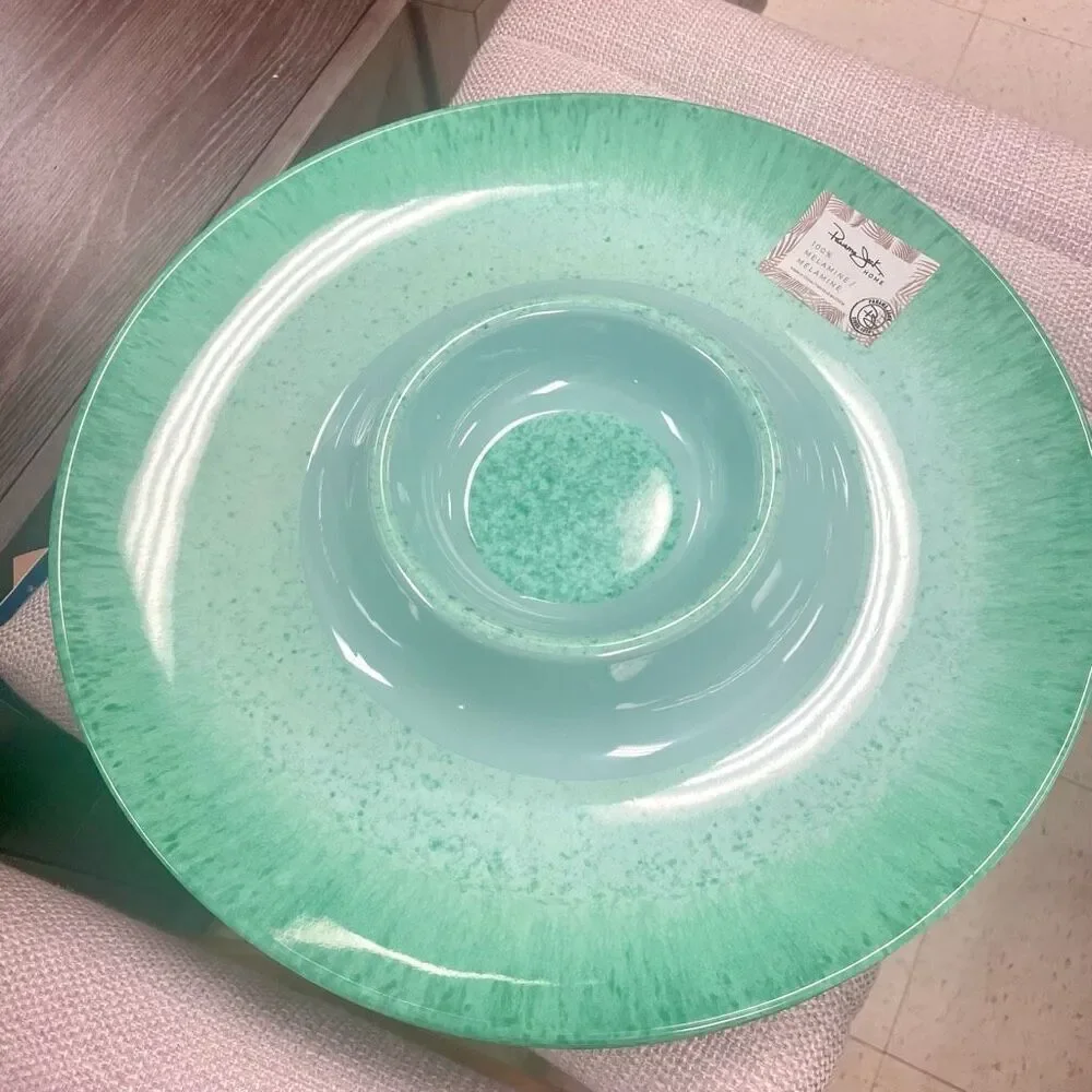 NWT Panama Jack Home Big Green Swirl Melamine Serving Tray Chip & Dip Platter